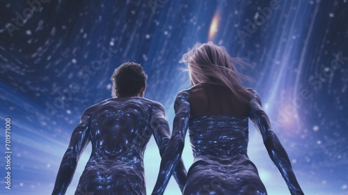 Two figures resembling the starry night sky hold hands  set against a galaxy background. Fantasy illustration. Blue purple colors. Suitable for sci-fi  fantasy settings  and digital illustrations.