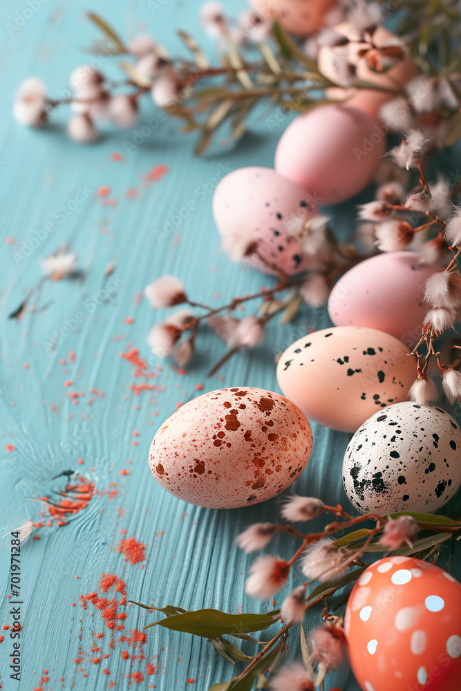 Pastel Easter banner with eggs and feathers on wood