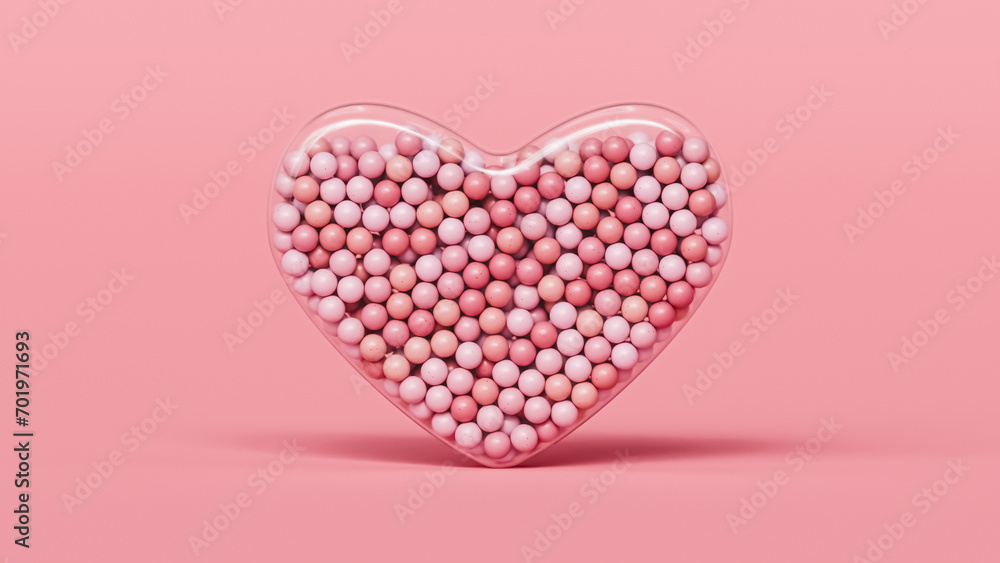 Heart shaped glass filled with pink spheres or balls, Valentine's day abstract background, 3d render