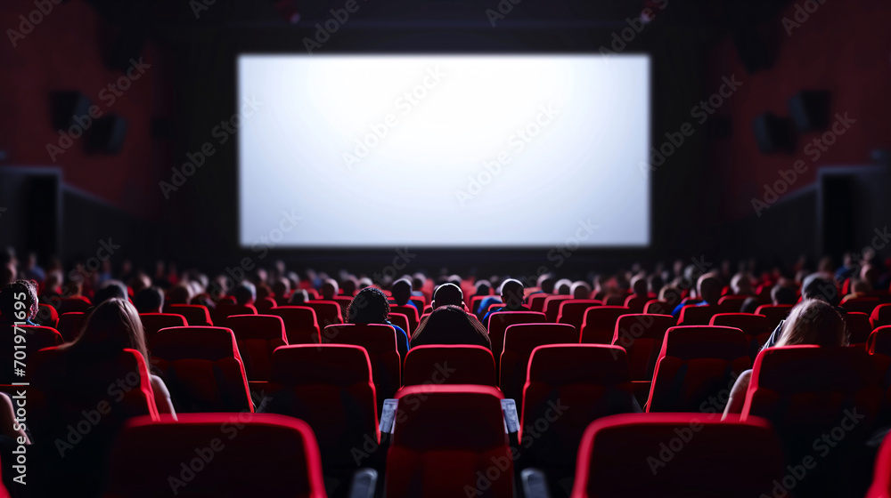 Cinema Experience  Blank Wide Screen with Red Chairs and Blurred Silhouettes of Audience in a Movie Hall
