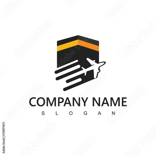 Hajj and umrah agency logo, tour and travel icon. flying airplane with kabah illustration.