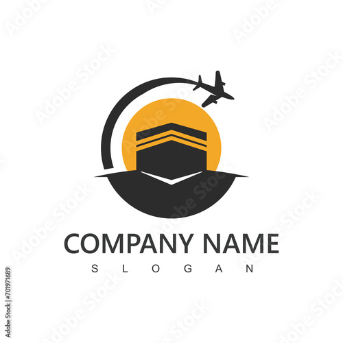 Hajj and umrah agency logo, tour and travel icon. flying airplane with kabah illustration.
