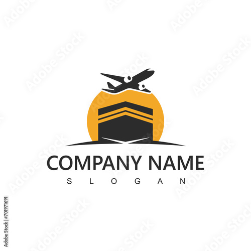 Hajj and umrah agency logo, tour and travel icon. flying airplane with kabah illustration.