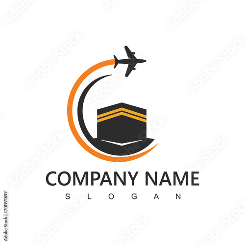 Hajj and umrah agency logo, tour and travel icon. flying airplane with kabah illustration.