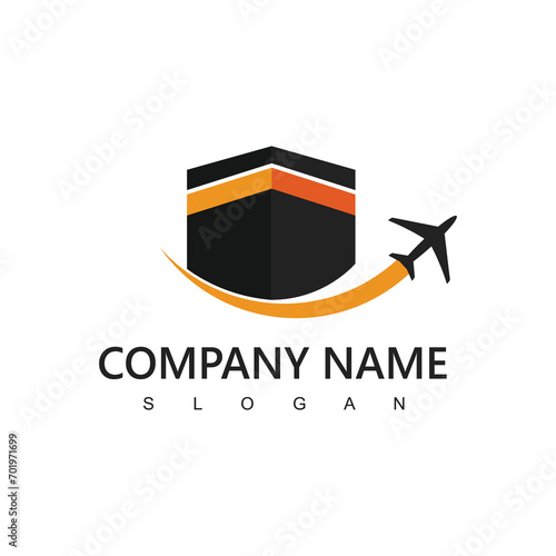 Hajj and umrah agency logo, tour and travel icon. flying airplane with kabah illustration.