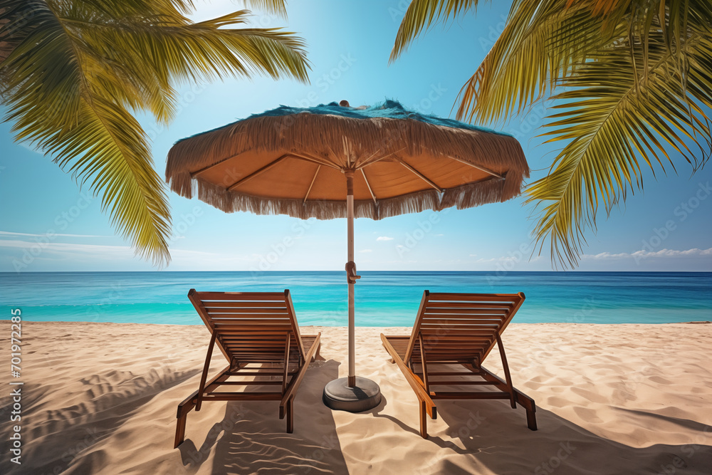 Tropical Beach Paradise with Lounge Chairs and Umbrella