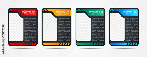 Vector simple multipurpose infographic template with rectangle photo placeholders and text blocks. Business company overview profile, four gradient color blocks selected. black background