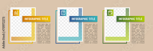 Vector simple multipurpose infographic template with rectangle photo placeholders icons and text blocks. Business company overview profile with photos and solid color blocks. three color choices.