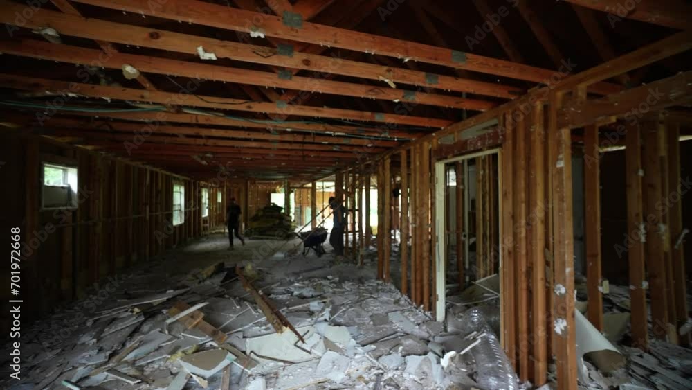 Female construction worker wearing respirator walks through a building under demolition preparing for renovation. Female construction worker wearing respirator walks through a building under demolition preparing for renovation.