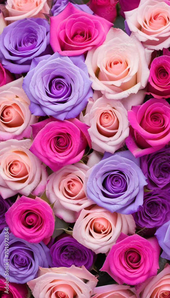 Beautiful Valentine's Day Background with Multicolored Flowers. Floral Wallpaper with Pink and Lilac Roses. Beautiful Valentine's Day Background with Multicolored Flowers. Floral Wallpaper with Pink and Lilac Roses.
