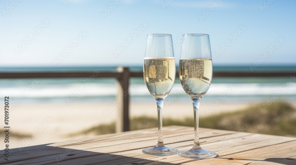 Tall, slender champagne flutes sit atop a rustic wooden beach table, overlooking the endless ocean.