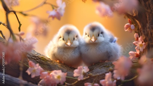 Small chicks in nest surrounded by spring blossoms. Cute little birds. Perfect for Easter, spring themes, greeting cards, childrens books, banners, posters, postcards