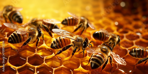 Beautiful worker bees are on the yellow honeycomb Insect producing honey Close up .  Hardworking bees sealing the honeycombs filled   . © ALI