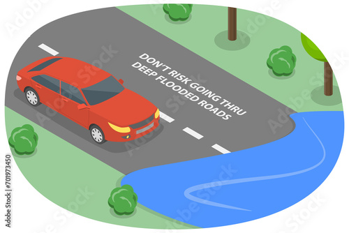 3D Isometric Flat  Illustration of Its Risky to Go Thrugh Flooded Road, Driving Tips And Rules photo