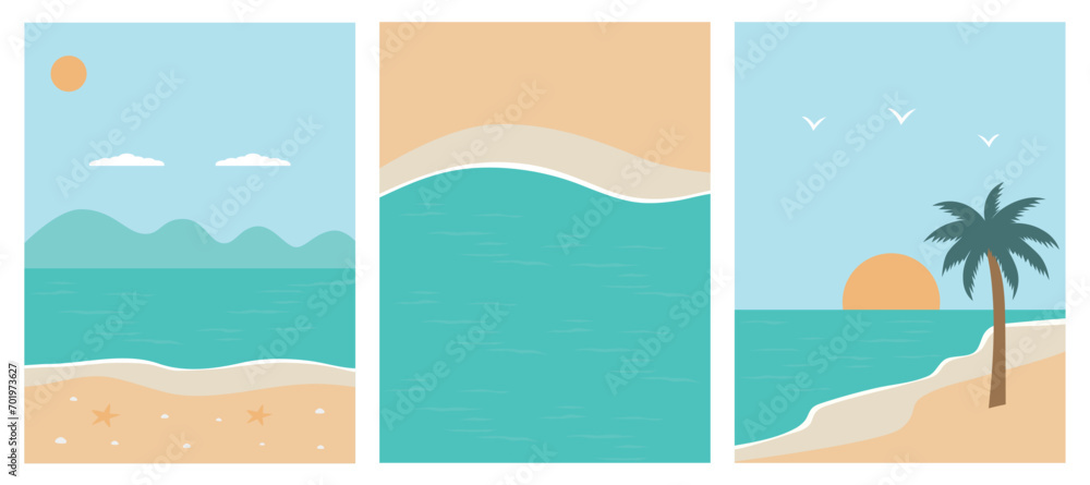 Set of abstract banners summer beach, palm trees, sea, sun. Vector illustration, EPS 10.