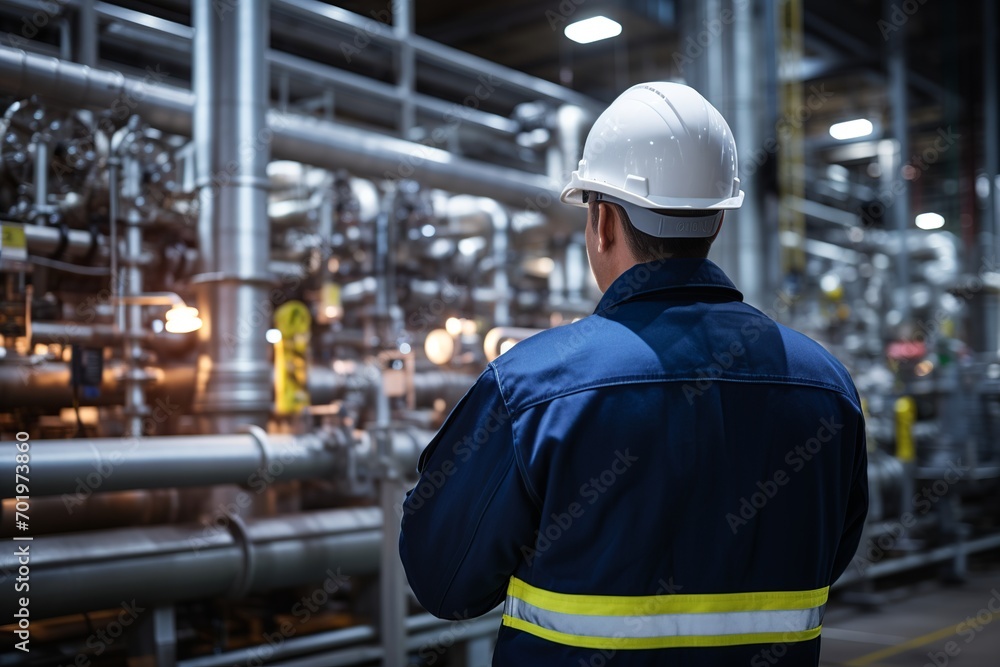 An attentive chemical engineer at an oil refinery actively troubleshoots a complex issue, collaborating with field team members and consulting detailed blueprints An attentive chemical engineer at an oil refinery actively troubleshoots a complex issue, collaborating with field team members and consulting detailed blueprints