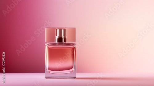 A close-up shot of a minimalist pink perfume bottle against a gradient background.