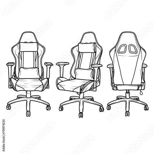 Vector illustration of Gaming chairs hand drawn sketch, Ergonomic with armrest outline line art in front, isometric and rear view, isolated on white background