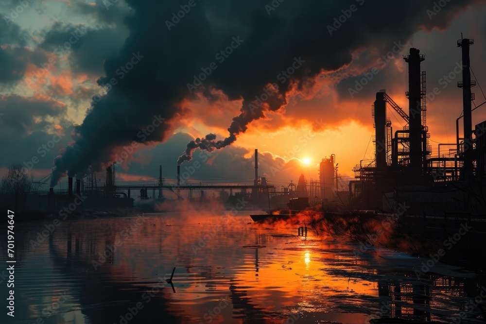 Ecological Crisis: A Scene of Environmental Destruction, featuring a Steam and Smoke Pipe from a Burn Oil Refinery with Water and Sunset, Signifying Pollution's Planetary Impact.

