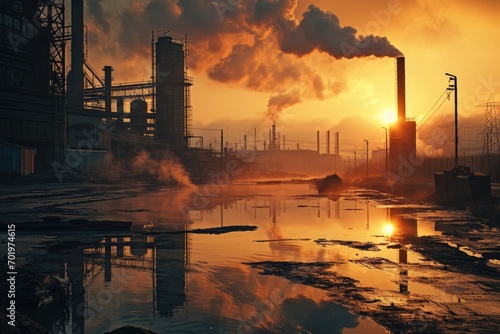 Ecological Crisis: A Scene of Environmental Destruction, featuring a Steam and Smoke Pipe from a Burn Oil Refinery with Water and Sunset, Signifying Pollution's Planetary Impact.
