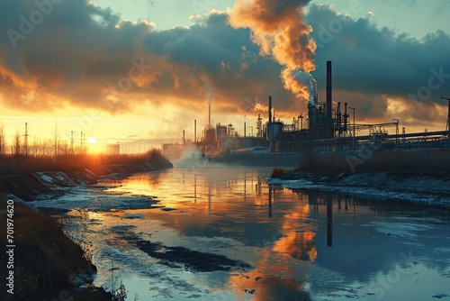 Ecological Crisis: A Scene of Environmental Destruction, featuring a Steam and Smoke Pipe from a Burn Oil Refinery with Water and Sunset, Signifying Pollution's Planetary Impact.

