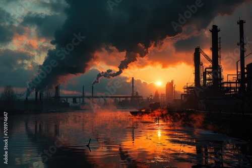 Ecological Crisis: A Scene of Environmental Destruction, featuring a Steam and Smoke Pipe from a Burn Oil Refinery with Water and Sunset, Signifying Pollution's Planetary Impact.