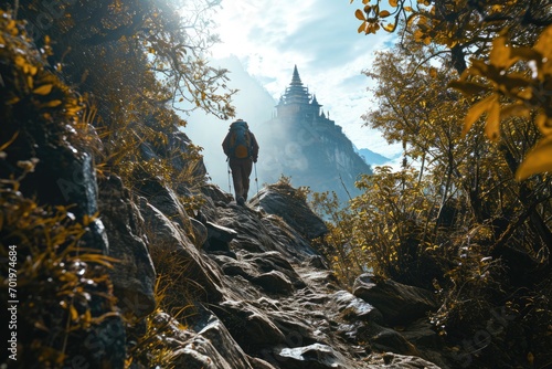 Epic Ascent: A trekker, shot from below, hiking up a steep mountain trail with a pagoda in the distance, emphasizing the epic nature of the climb and the scenic landscape.