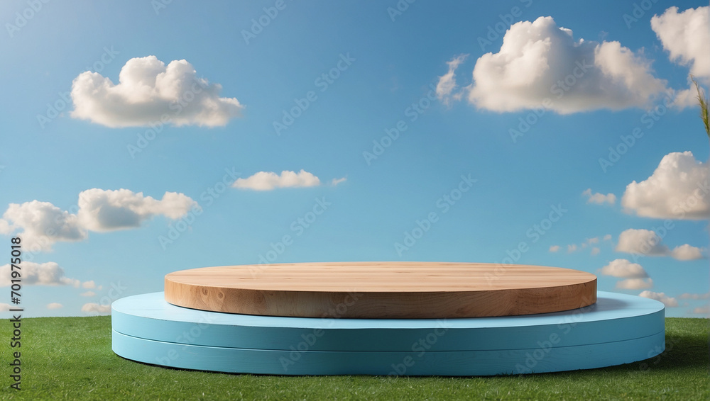 wooden podium on grass for product presentation on sky blue background