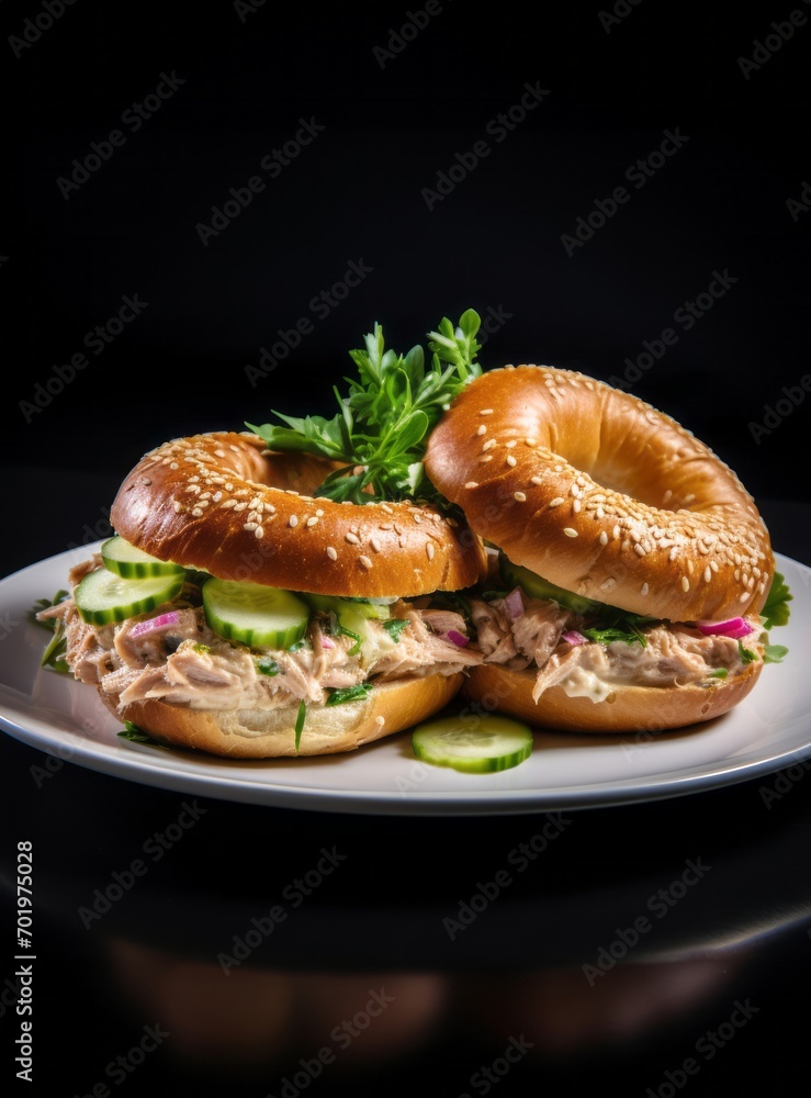 Two bagels with tuna on the white plate