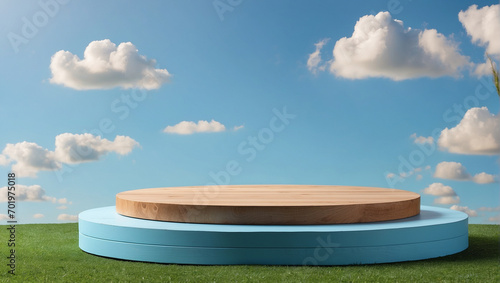wooden podium on grass for product presentation on sky blue background © adynue
