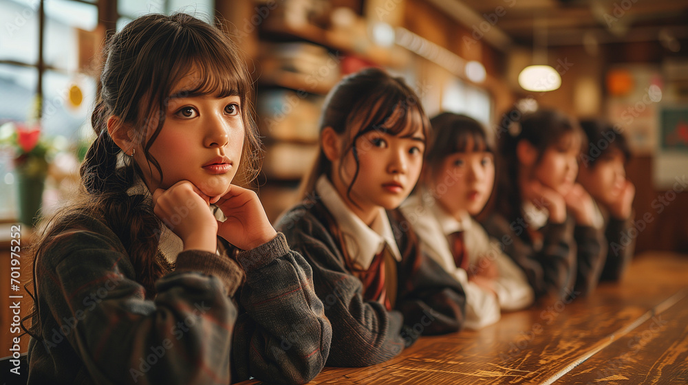 Obraz na płótnie W szkolnych ławkach, ubrane w identyczne mundurki, dziewczynki reprezentują jedność w szkolnym środowisku. Wspólna droga ku wiedzy. w salonie
