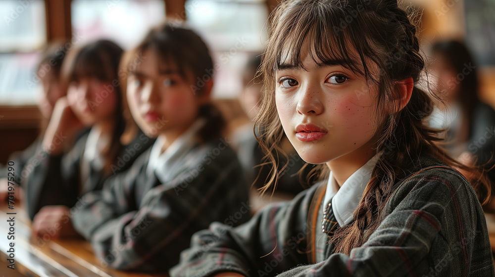 Obraz na płótnie W szkolnych ławkach, ubrane w identyczne mundurki, dziewczynki reprezentują jedność w szkolnym środowisku. Wspólna droga ku wiedzy. w salonie