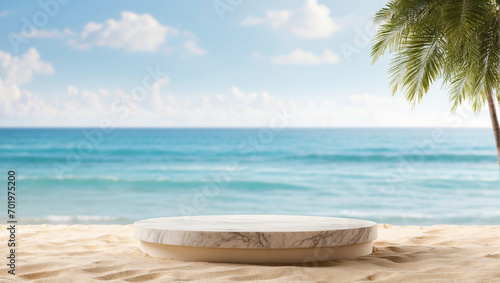 marble podium for product presentation on beach sand with blurred beach background © adynue