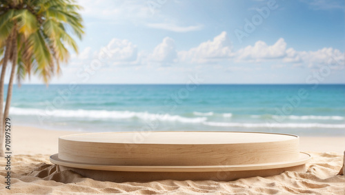 wooden podium for product presentation on beach sand with blurred beach background © adynue