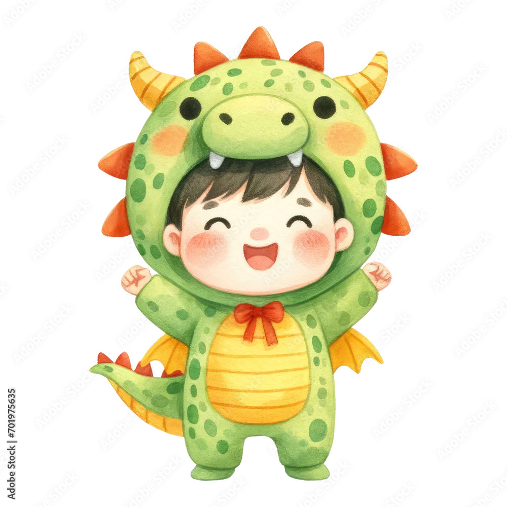 Watercolor cute kid in dragon suit. Happy kid in green dragon costume. Year of the dragon concept. Chinese new year illustration.
