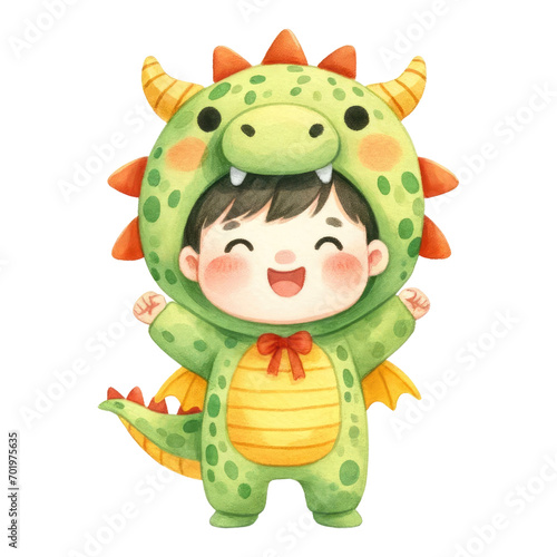 Watercolor cute kid in dragon suit. Happy kid in green dragon costume. Year of the dragon concept. Chinese new year illustration.