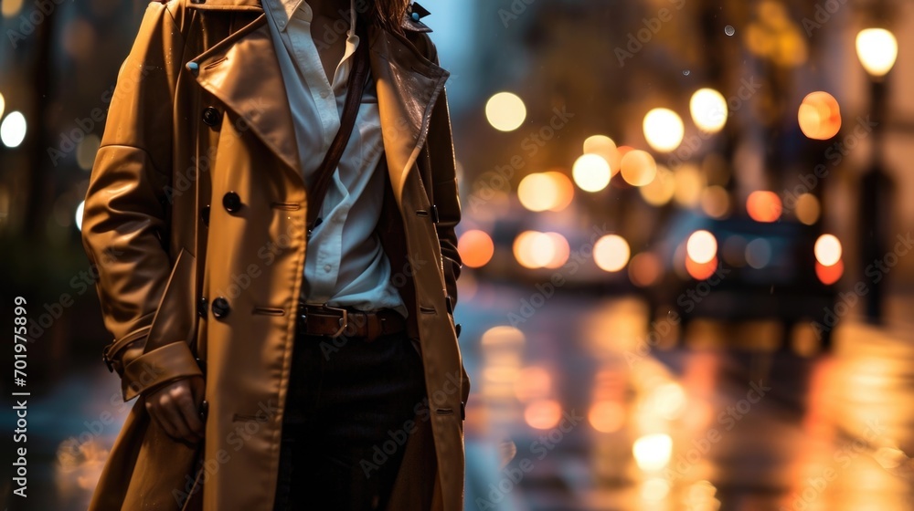 Obraz premium Add a touch of sophistication with a camelcolored leather trench coat, paired with a white collared shirt, black pants, and loafers.