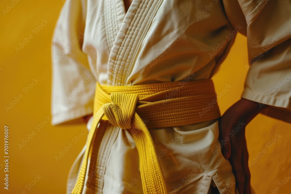 Yellow Belt Warriors: Person in Kimono and Yellow Belt on Yellow Background with Space for Text. Martial Arts Discipline Concept 
