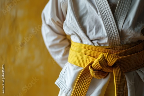 Yellow Belt Warriors: Person in Kimono and Yellow Belt on Yellow Background with Space for Text. Martial Arts Discipline Concept 