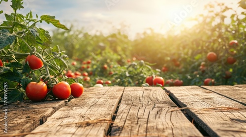 Countryside Rustic Farm-to-Table Setting. Empty wood table with ample free space against a backdrop of lush tomatoes field. Copy space for text. Organic Agriculture concept
 photo