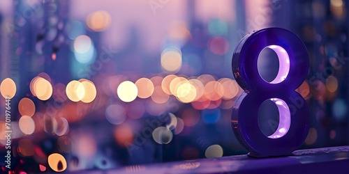 Purple number 8, city bokeh lights background, March 8 photo