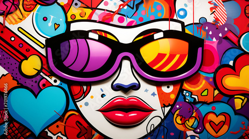 Colorful retro portrait of woman wearing sunglasses close up psychedelic vivid colors