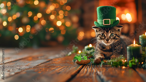 A Cat with a Green Hat Sitting Next to Candles ready for Saint Patrick' Day 