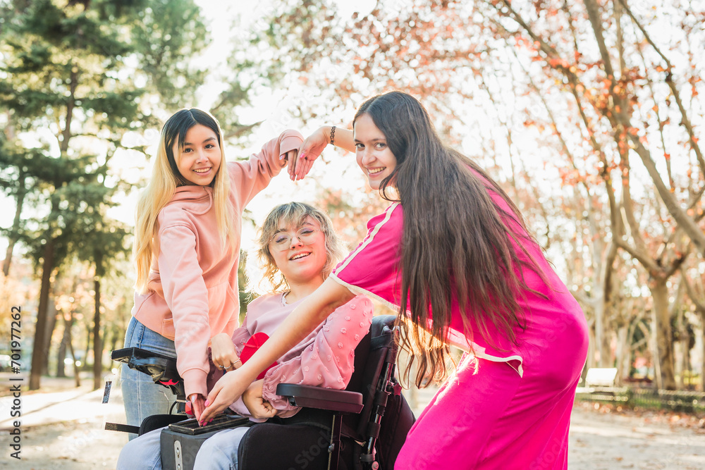 Inspire inclusion feminist equality and diversity heart love symbol. Group with cerebral palsy woman Inspire inclusion feminist equality and diversity heart love symbol. Group with cerebral palsy woman