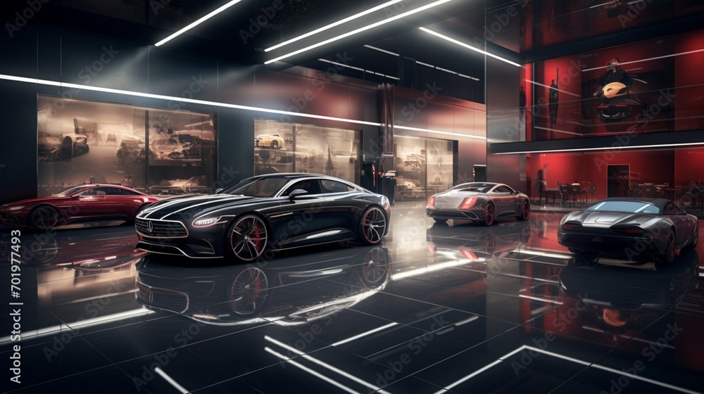 A high-end luxury car showroom featuring sleek and aerodynamic vehicles in a visually stunning setting. - obrazy, fototapety, plakaty 