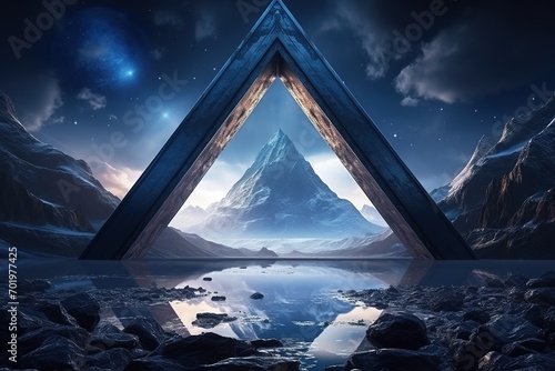 3d render  abstract virtual landscape with blue rocks and mountains. Surreal wallpaper  fantastic background with triangular portal