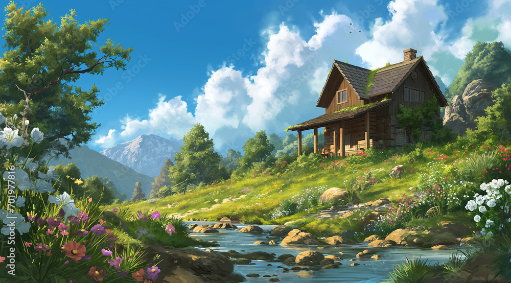 Obraz premium cozy, house, village, cartoon, child, exterior, home, illustration, cottage, cute, fantasy, footpath, cloud - sky, architecture, graphic, stylized, dream, art, chimney, family, herbal, ecology, entran