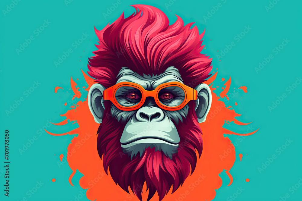 Retro hair style ape is angry on bright background, concept of Vintage fashion