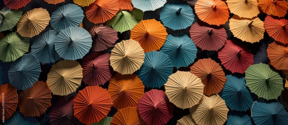Seen from above, the background of blooming umbrellas is neatly arranged side by side - obrazy, fototapety, plakaty 