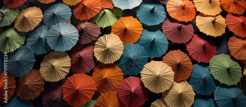 Seen from above, the background of blooming umbrellas is neatly arranged side by side